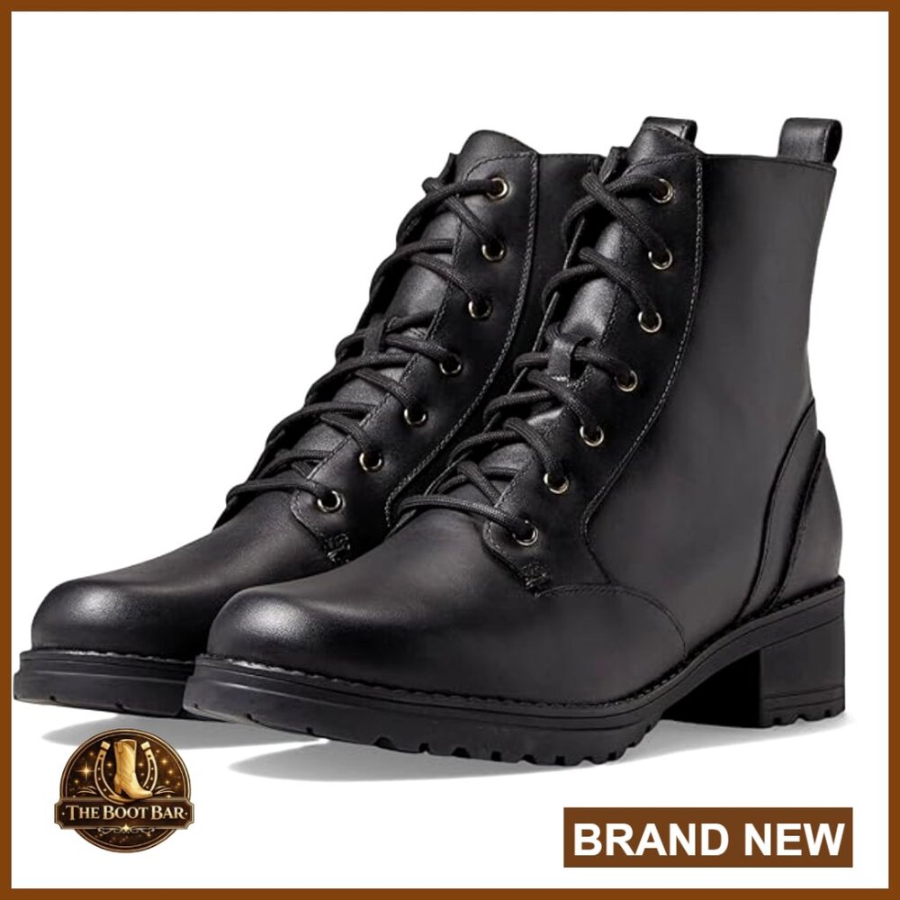Leather Combat Boots Waterproof Lace Up Side Zip Block Heel